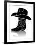 Cowboy Boot And Western Hat.Black Graphic Image On White-GeraKTV-Framed Art Print