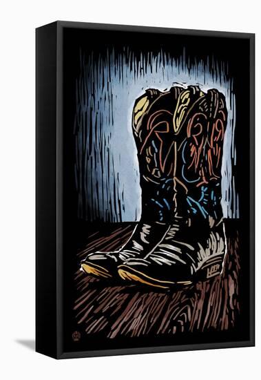 Cowboy Boots - Scratchboard-Lantern Press-Framed Stretched Canvas