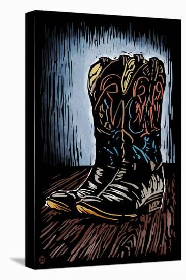 Cowboy Boots - Scratchboard-Lantern Press-Stretched Canvas