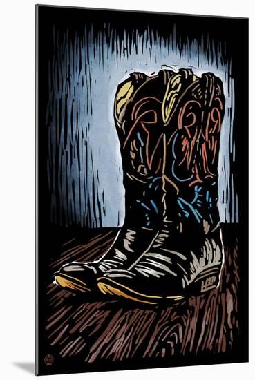 Cowboy Boots - Scratchboard-Lantern Press-Mounted Art Print