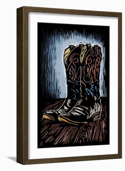 Cowboy Boots - Scratchboard-Lantern Press-Framed Art Print