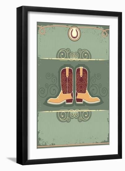 Cowboy Boots.Vintage Western Decor Background With Rope And Horseshoe-GeraKTV-Framed Art Print