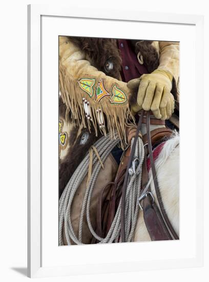 Cowboy Buffalo skin coat and beadwork detail in the Saddle, Hideout Ranch, Shell, Wyoming.-Darrell Gulin-Framed Photographic Print