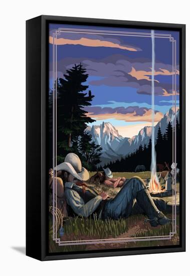 Cowboy Camping Night Scene-Lantern Press-Framed Stretched Canvas