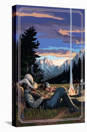 Cowboy Camping Night Scene-Lantern Press-Stretched Canvas