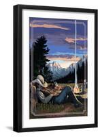 Cowboy Camping Night Scene-Lantern Press-Framed Art Print