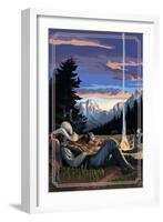 Cowboy Camping Night Scene-Lantern Press-Framed Art Print