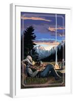 Cowboy Camping Night Scene-Lantern Press-Framed Art Print