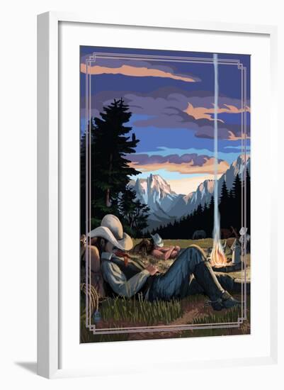 Cowboy Camping Night Scene-Lantern Press-Framed Art Print