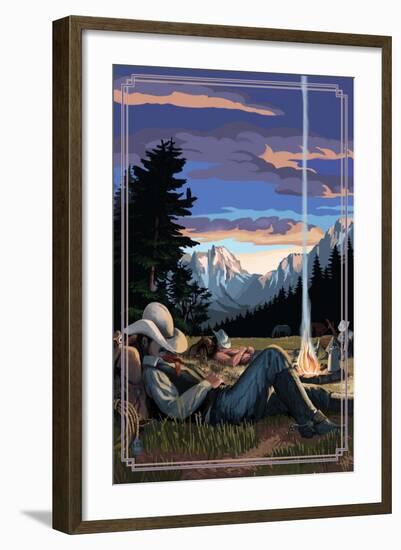 Cowboy Camping Night Scene-Lantern Press-Framed Art Print