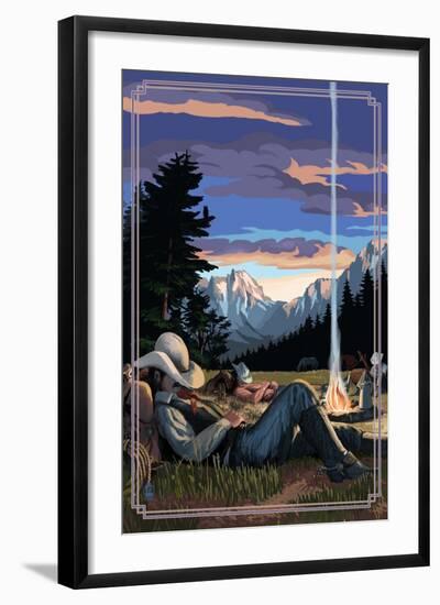 Cowboy Camping Night Scene-Lantern Press-Framed Art Print