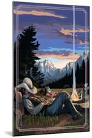 Cowboy Camping Night Scene-Lantern Press-Mounted Art Print