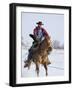 Cowboy Cantering Through Snow on Chestnut Red Dun Quarter Horse Gelding, Berthoud, Colorado, USA-Carol Walker-Framed Photographic Print