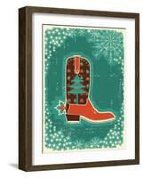 Cowboy Christmas Card with Boot and Holiday Decoration.Vintage Poster-GeraKTV-Framed Art Print