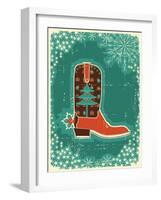 Cowboy Christmas Card with Boot and Holiday Decoration.Vintage Poster-GeraKTV-Framed Art Print