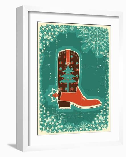 Cowboy Christmas Card with Boot and Holiday Decoration.Vintage Poster-GeraKTV-Framed Art Print