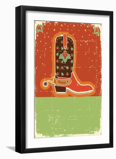 Cowboy Christmas Card with Boots and Holiday Decoration.Retro-GeraKTV-Framed Art Print