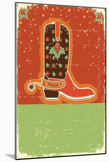 Cowboy Christmas Card with Boots and Holiday Decoration.Retro-GeraKTV-Mounted Art Print