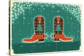 Cowboy Christmas Card with Boots and Holiday Decoration.Vintage Poster-GeraKTV-Stretched Canvas
