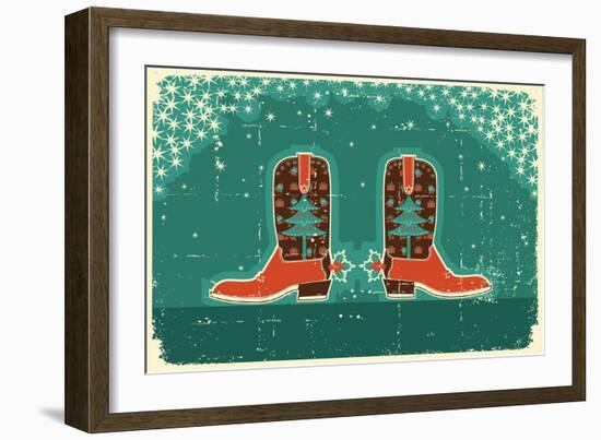 Cowboy Christmas Card with Boots and Holiday Decoration.Vintage Poster-GeraKTV-Framed Art Print