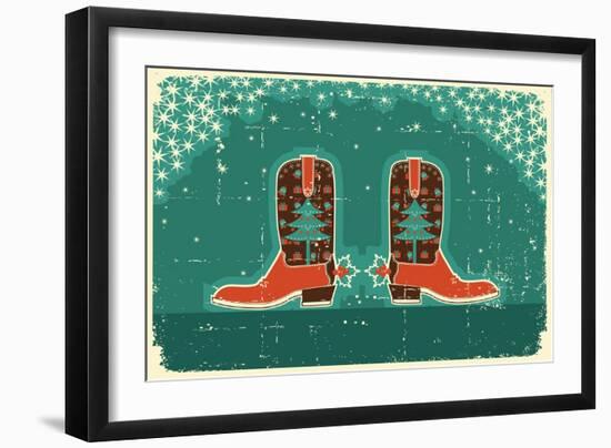 Cowboy Christmas Card with Boots and Holiday Decoration.Vintage Poster-GeraKTV-Framed Art Print