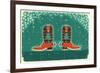 Cowboy Christmas Card with Boots and Holiday Decoration.Vintage Poster-GeraKTV-Framed Premium Giclee Print