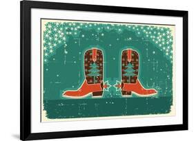 Cowboy Christmas Card with Boots and Holiday Decoration.Vintage Poster-GeraKTV-Framed Premium Giclee Print