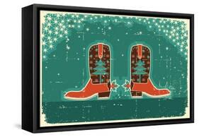 Cowboy Christmas Card with Boots and Holiday Decoration.Vintage Poster-GeraKTV-Framed Stretched Canvas