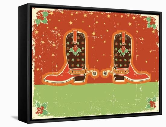 Cowboy Christmas Card with Boots and Holiday Decoration.Vintage Poster-GeraKTV-Framed Stretched Canvas