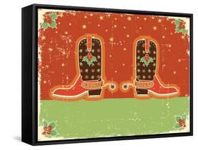 Cowboy Christmas Card with Boots and Holiday Decoration.Vintage Poster-GeraKTV-Framed Stretched Canvas
