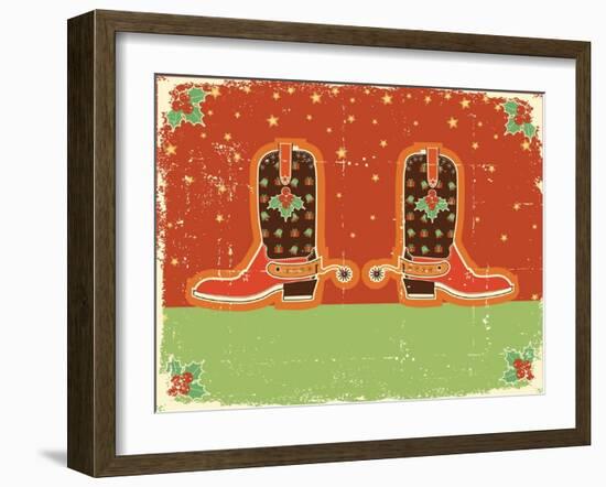 Cowboy Christmas Card with Boots and Holiday Decoration.Vintage Poster-GeraKTV-Framed Art Print