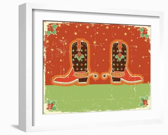 Cowboy Christmas Card with Boots and Holiday Decoration.Vintage Poster-GeraKTV-Framed Art Print