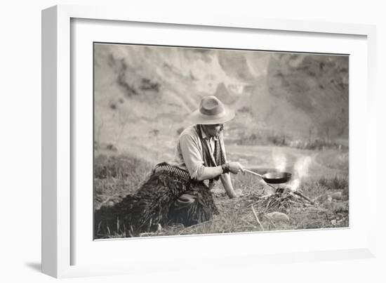 Cowboy Cooking over Campfire-null-Framed Art Print