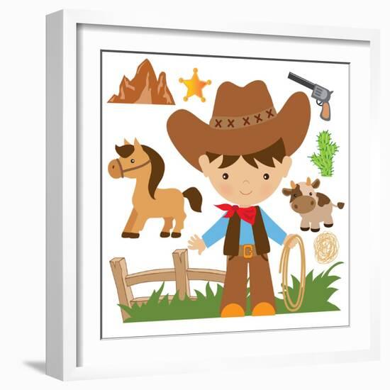 Cowboy,Cute,Boy,Cartoon,Vector,Illustration-Svetlana Peskin-Framed Art Print