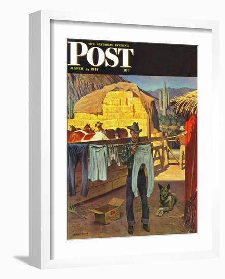 "Cowboy Hanging Out His Laundry," Saturday Evening Post Cover, March 1, 1947-John Falter-Framed Giclee Print