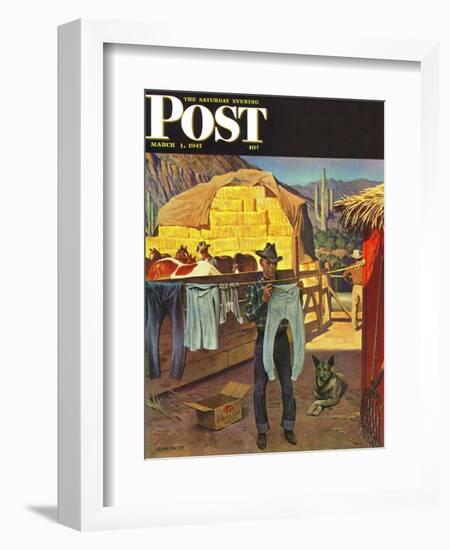 "Cowboy Hanging Out His Laundry," Saturday Evening Post Cover, March 1, 1947-John Falter-Framed Giclee Print