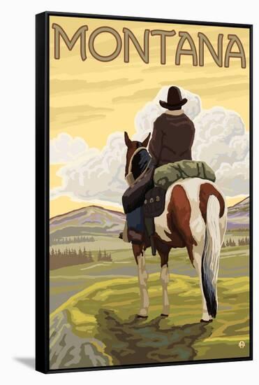 Cowboy & Horse, Montana-Lantern Press-Framed Stretched Canvas