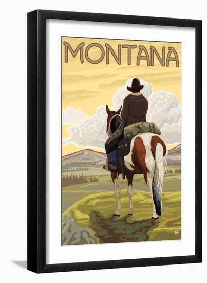 Cowboy & Horse, Montana-Lantern Press-Framed Art Print