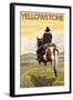 Cowboy & Horse, Yellowstone National Park-Lantern Press-Framed Art Print