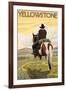 Cowboy & Horse, Yellowstone National Park-Lantern Press-Framed Art Print