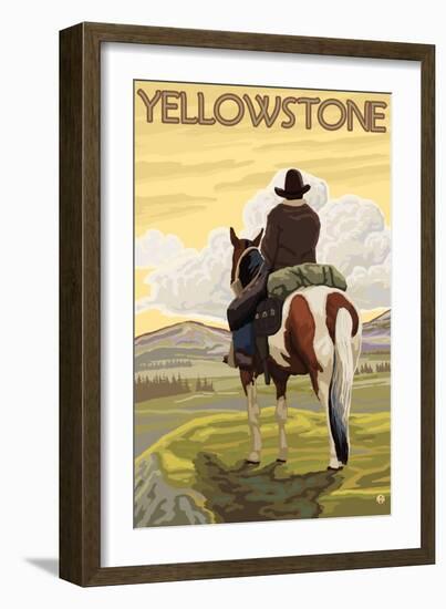 Cowboy & Horse, Yellowstone National Park-Lantern Press-Framed Art Print