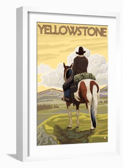 Cowboy & Horse, Yellowstone National Park-Lantern Press-Framed Art Print