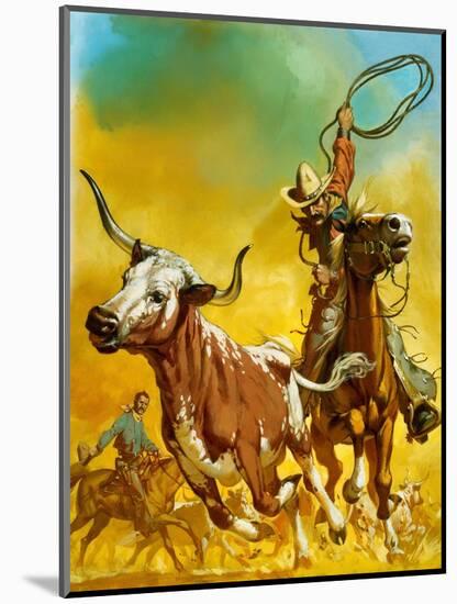 Cowboy Lassoing Cattle-Mcbride-Mounted Giclee Print