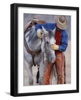 Cowboy Leading and Stroking His Horse, Flitner Ranch, Shell, Wyoming, USA-Carol Walker-Framed Photographic Print