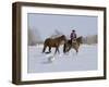 Cowboy Leading Sorrel Quarter Horse Geldings, with Two Mixed Breed Dogs, Longmont, Colorado, USA-Carol Walker-Framed Photographic Print