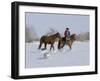 Cowboy Leading Sorrel Quarter Horse Geldings, with Two Mixed Breed Dogs, Longmont, Colorado, USA-Carol Walker-Framed Photographic Print