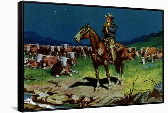 Cowboy Lighting a Smoke-null-Framed Stretched Canvas