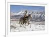 Cowboy On Grey Quarter Horse Trotting In The Snow At Flitner Ranch, Shell, Wyoming-Carol Walker-Framed Photographic Print