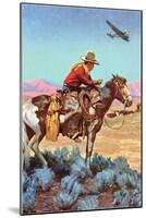Cowboy on Horse Watching Plane-null-Mounted Art Print