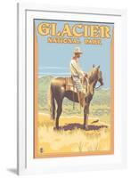 Cowboy on Horseback, Glacier National Park, Montana-Lantern Press-Framed Art Print